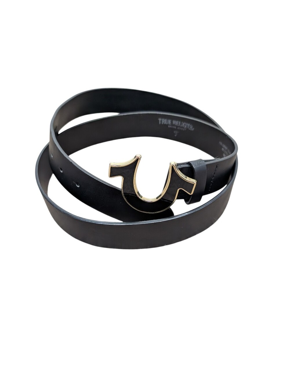 TRUE RELIGION Men's Black Leather Belt with Gold Horseshoe Buckle